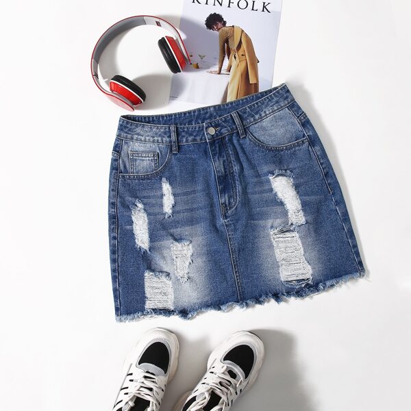 

Plus Raw Hem Ripped Denim Skirt, Medium wash