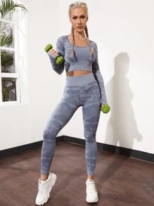 Easithlete 2入組無縫迷彩印花訓練套裝拇指孔運動T恤和緊身褲