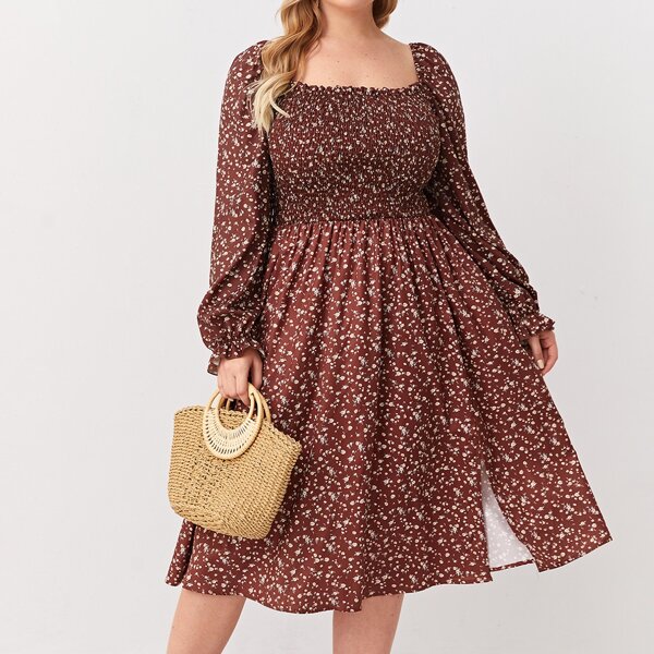 

Plus Ditsy Floral Shirred Bodice Milkmaid Dress, Redwood