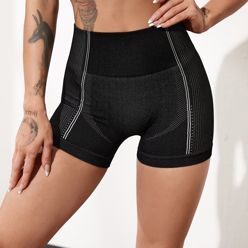 

Seamless Side Stripe Wideband Waist Sports Shorts, Black