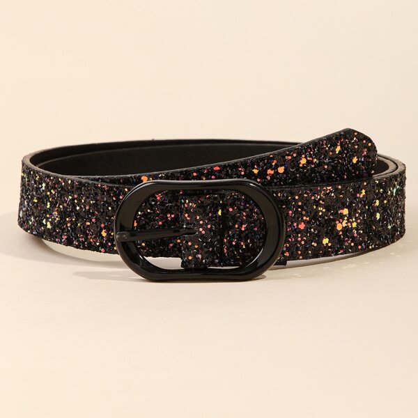 

Sequins Decor Geo Buckle Belt, Black