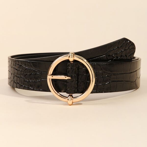 

Croc Embossed Round Buckle Belt, Black
