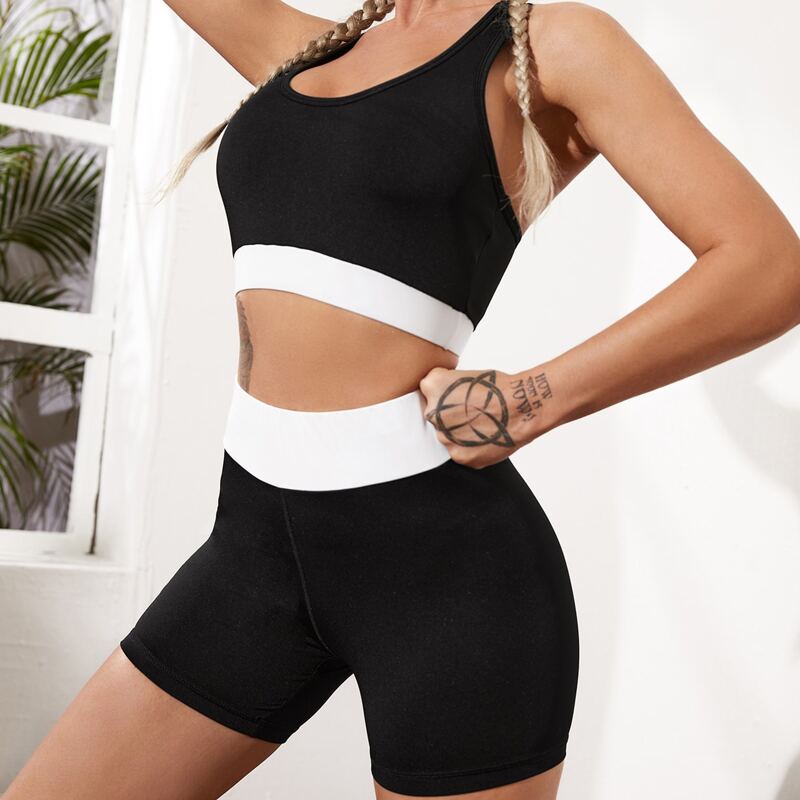 

Racer Back Sports Bra With Biker Shorts, Black and white