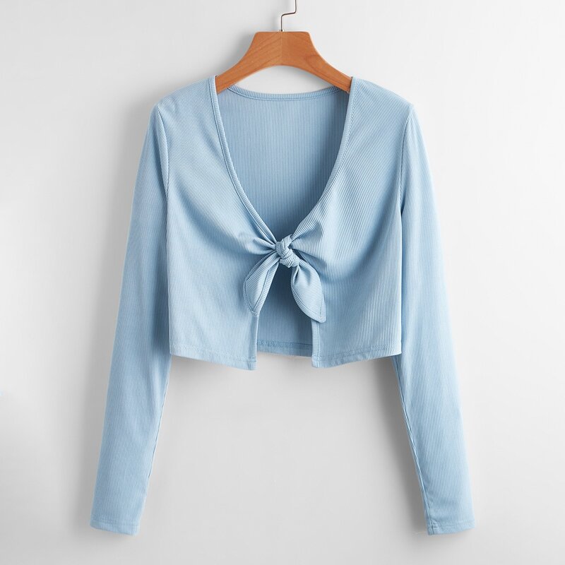 

Solid Tie Front Crop Top, Baby blue