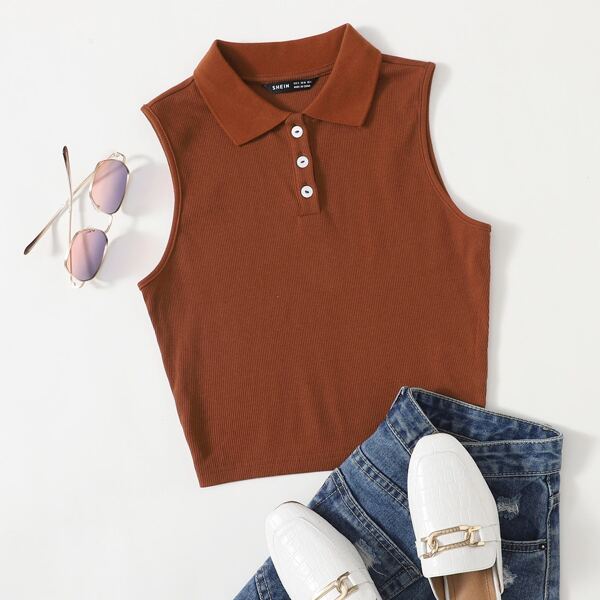 

Collared Buttoned Half Placket Tank Top, Brown