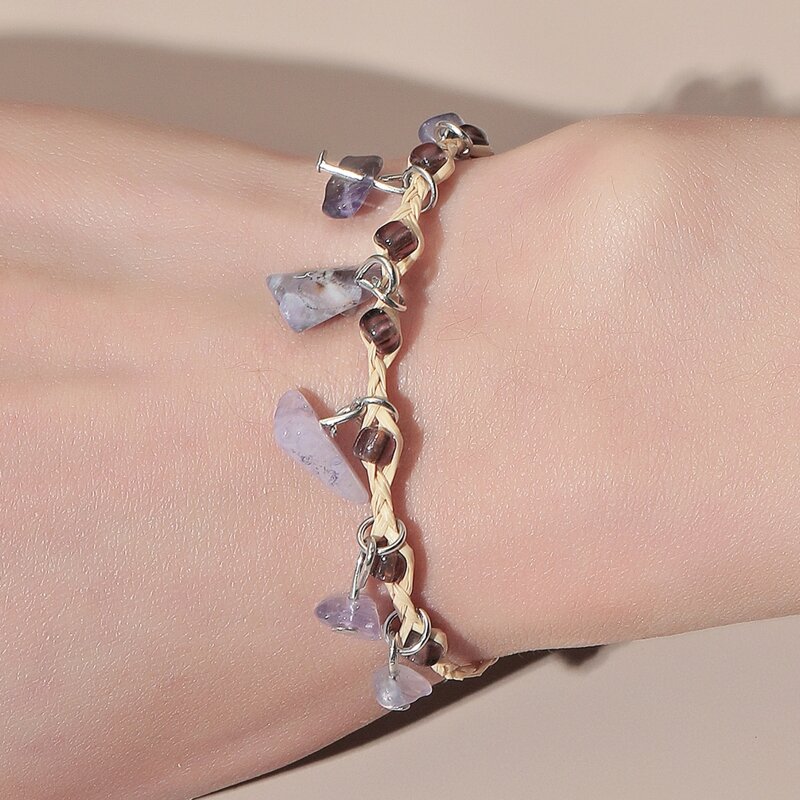 

Faux Stone Charm Straw Bracelet, Purple