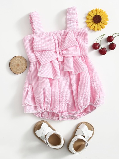Souflis Souflis Baby Girl Bow Front Shirred Back Ruffle Trim Bodysuit