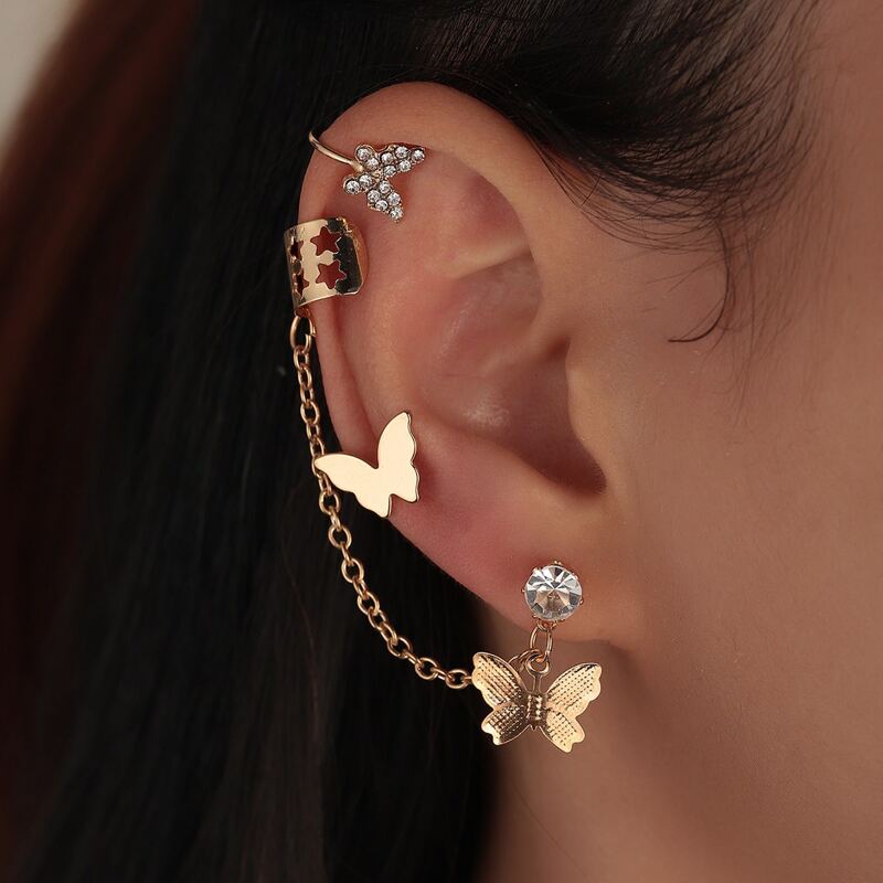 

3pcs Rhinestone Butterfly Design Earrings, Gold
