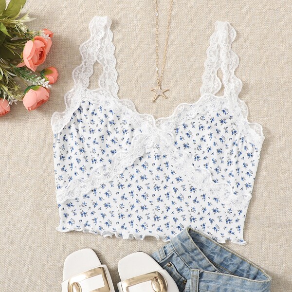 

Lace Trim Ditsy Floral Cami Top, White