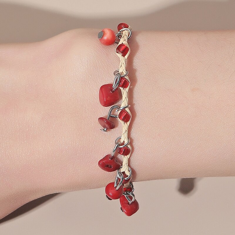 

Faux Stone Charm Straw Bracelet, Red