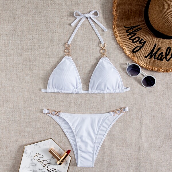 

Rib Chain Linked Triangle Thong Bikini Swimsuit, White