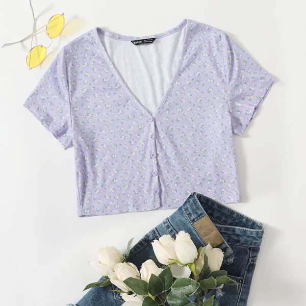 

Single Breasted Ditsy Floral Crop Tee, Lilac purple