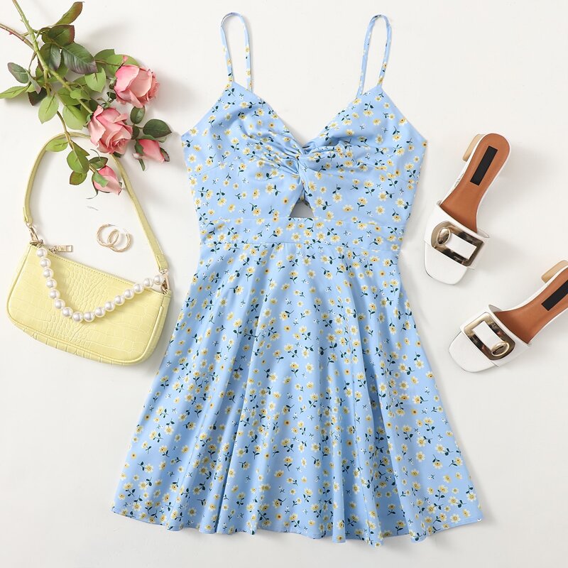

Twist Front Tie Back Ditsy Floral Slip Dress, Baby blue