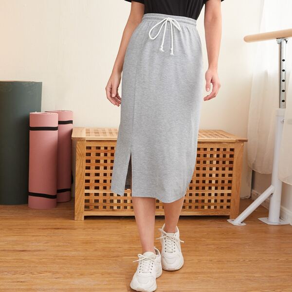 

Drawstring Waist Split Hem Skirt, Grey