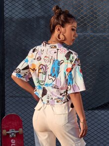 Muchica Camisa con estampado de dibujo de hombros caídos - Multicolor - Ver 2