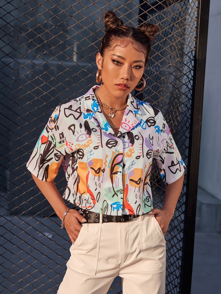 Muchica Drop Shoulder Graphic Print Blouse - Multicolor - View 3