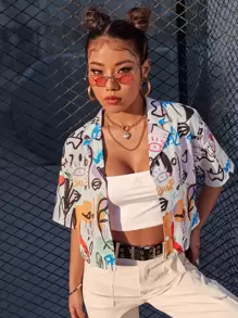 Muchica Camisa con estampado de dibujo de hombros caídos - Multicolor - Ver 6