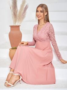 Modelyn Đầm Tương phản ren màu trơn Thanh lịch - Màu Hồng  San hô - Xem 1