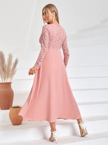 Modelyn Đầm Tương phản ren màu trơn Thanh lịch - Màu Hồng  San hô - Xem 2