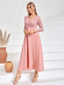 Modelyn Đầm Tương phản ren màu trơn Thanh lịch - Màu Hồng  San hô - Xem 3