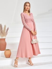 Modelyn Đầm Tương phản ren màu trơn Thanh lịch - Màu Hồng  San hô - Xem 4