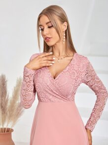 Modelyn Đầm Tương phản ren màu trơn Thanh lịch - Màu Hồng  San hô - Xem 5