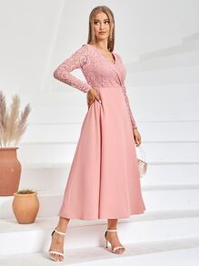 Modelyn Đầm Tương phản ren màu trơn Thanh lịch - Màu Hồng  San hô - Xem 6