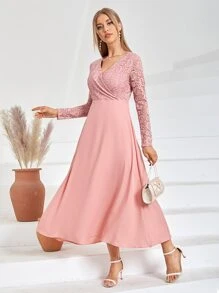 Modelyn Đầm Tương phản ren màu trơn Thanh lịch - Màu Hồng  San hô - Xem 7