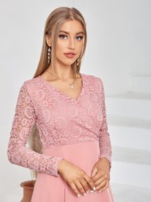 Modelyn Đầm Tương phản ren màu trơn Thanh lịch - Màu Hồng  San hô - Xem 8