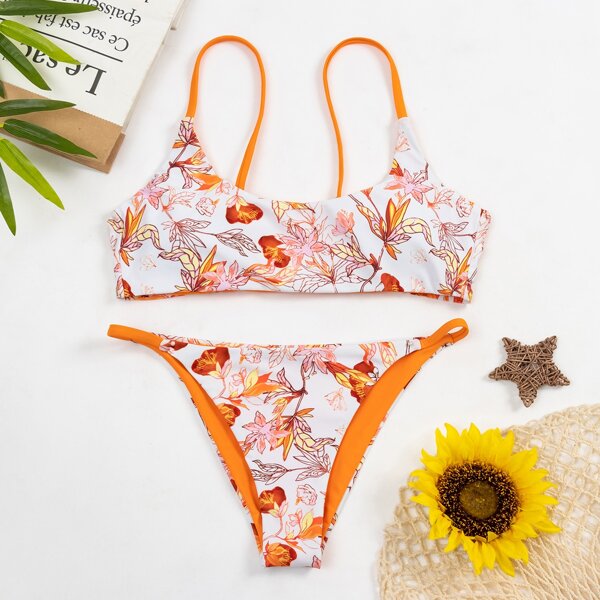 

Plant Random Print Thong Bikini Swimsuit, Multicolor