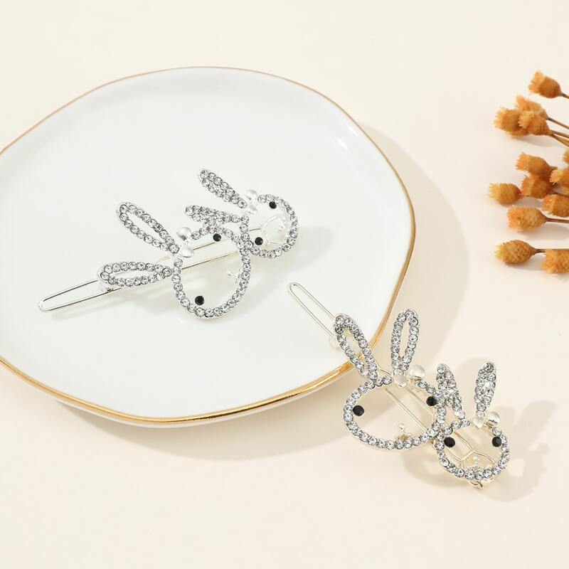 

2pcs Rhinestone Bunny Hair Clip, Silver