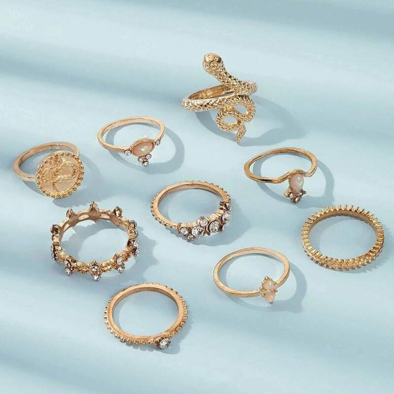 

9pcs Rhinestone & Snake Design Ring, Gold