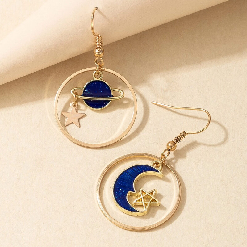 

Planet & Moon Drop Earrings, Gold