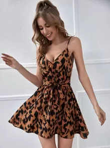 SHEIN LUNE 交叉領自腰帶滿版圖案洋裝 - 彩色 - 查看 1