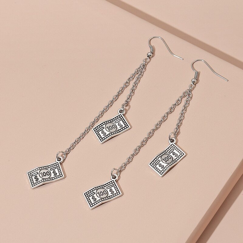

Dollar Bill Chain Drop Earrings, Silver