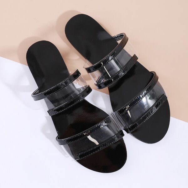 

Double Clear Band Slide Sandals, Black