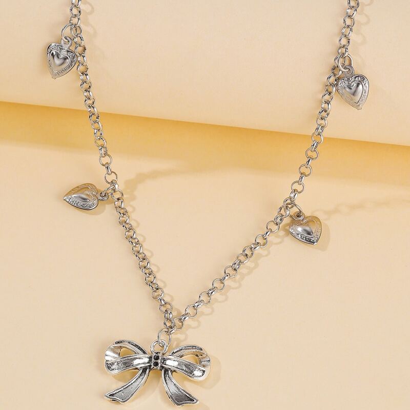 

Bow & Heart Decor Chain Necklace, Silver