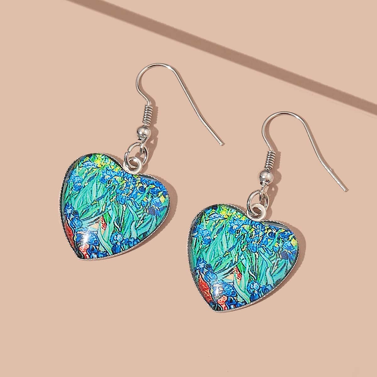 

Floral Pattern Heart Drop Earrings, Multicolor