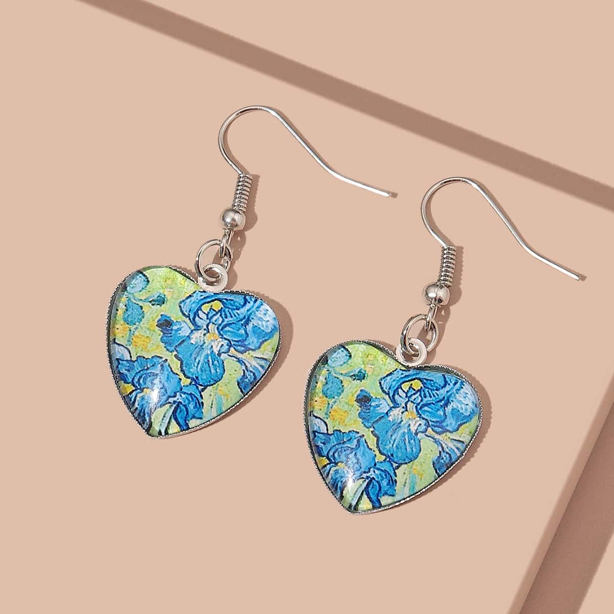 

Floral Pattern Heart Drop Earrings, Multicolor