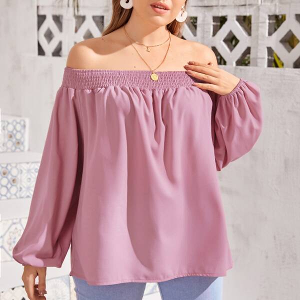 

Plus Shirred Solid Bardot Blouse, Dusty pink