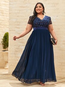 Vestidos Tallas Grandes Encaje en contraste Liso Glamour - Azul Marino - Ver 1