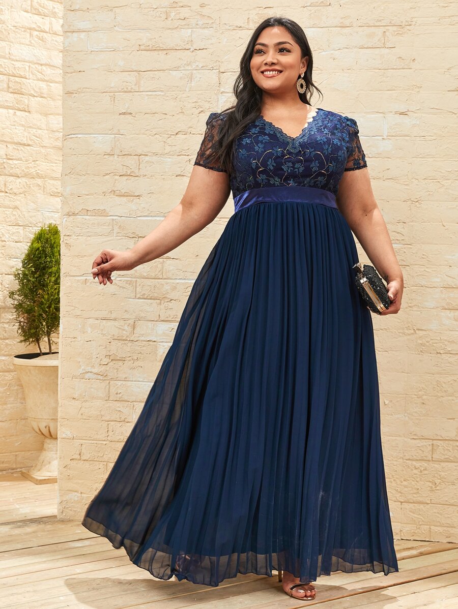 Vestidos Tallas Grandes Encaje en contraste Liso Glamour - Azul Marino - Ver 1