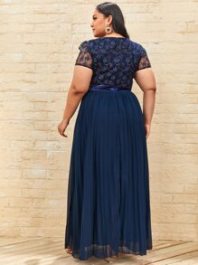 Vestidos Tallas Grandes Encaje en contraste Liso Glamour - Azul Marino - Ver 2