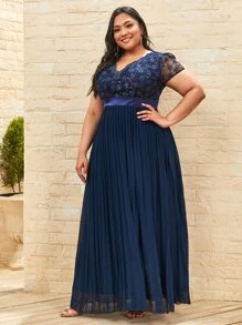 Vestidos Tallas Grandes Encaje en contraste Liso Glamour - Azul Marino - Ver 3