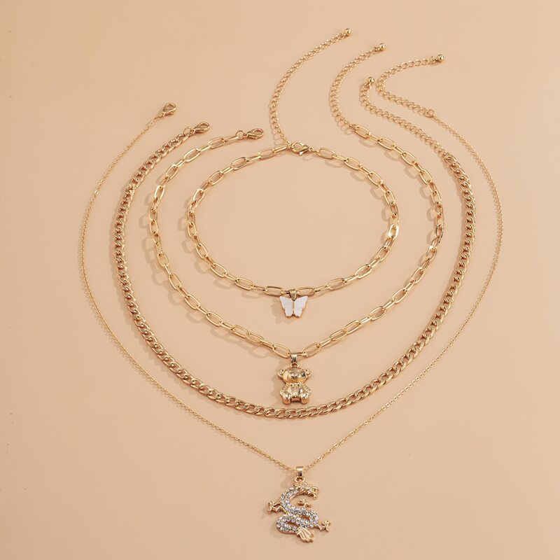 

4pcs Bear & Dragon Design Chain Necklace, Gold