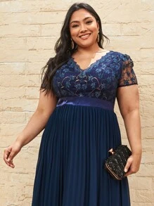 Vestidos Tallas Grandes Encaje en contraste Liso Glamour - Azul Marino - Ver 4