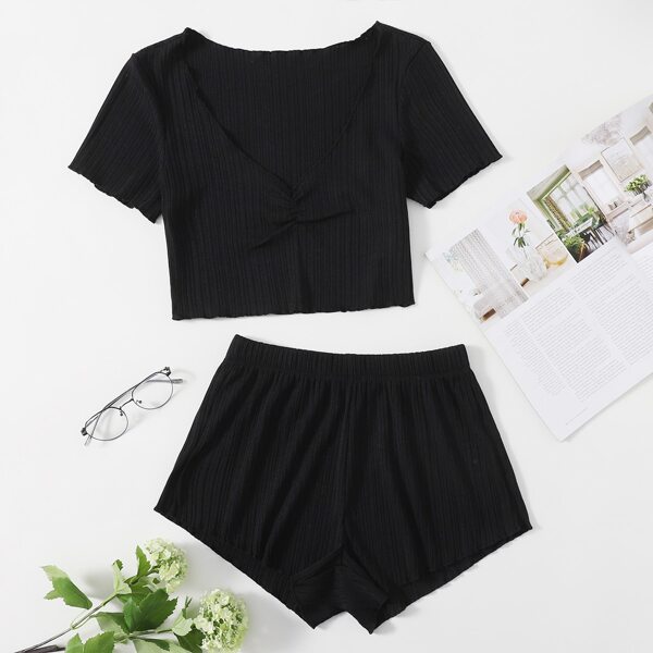 

Solid Ruched Rib-Knit Lounge Set, Black