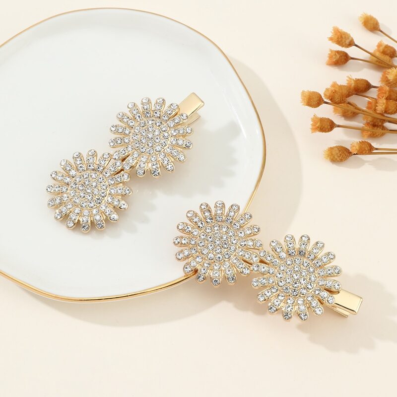 

2pcs Rhinestone Floral Hair Clip, Gold