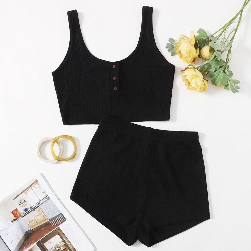 

Half Button Rib-Knit Lounge Set, Black