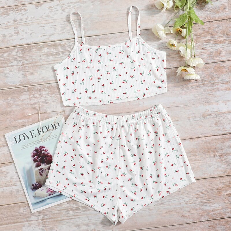 

Ditsy Floral Rib-Knit Pajama Set, White